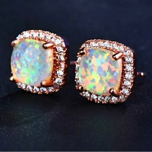 NEW White Fire Opal 18K Rose Gold Plated Earrings Stud